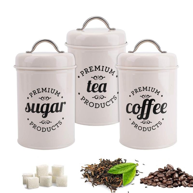 Coffee Tea Sugar - 3Pcs Metal Round Kitchen Container With